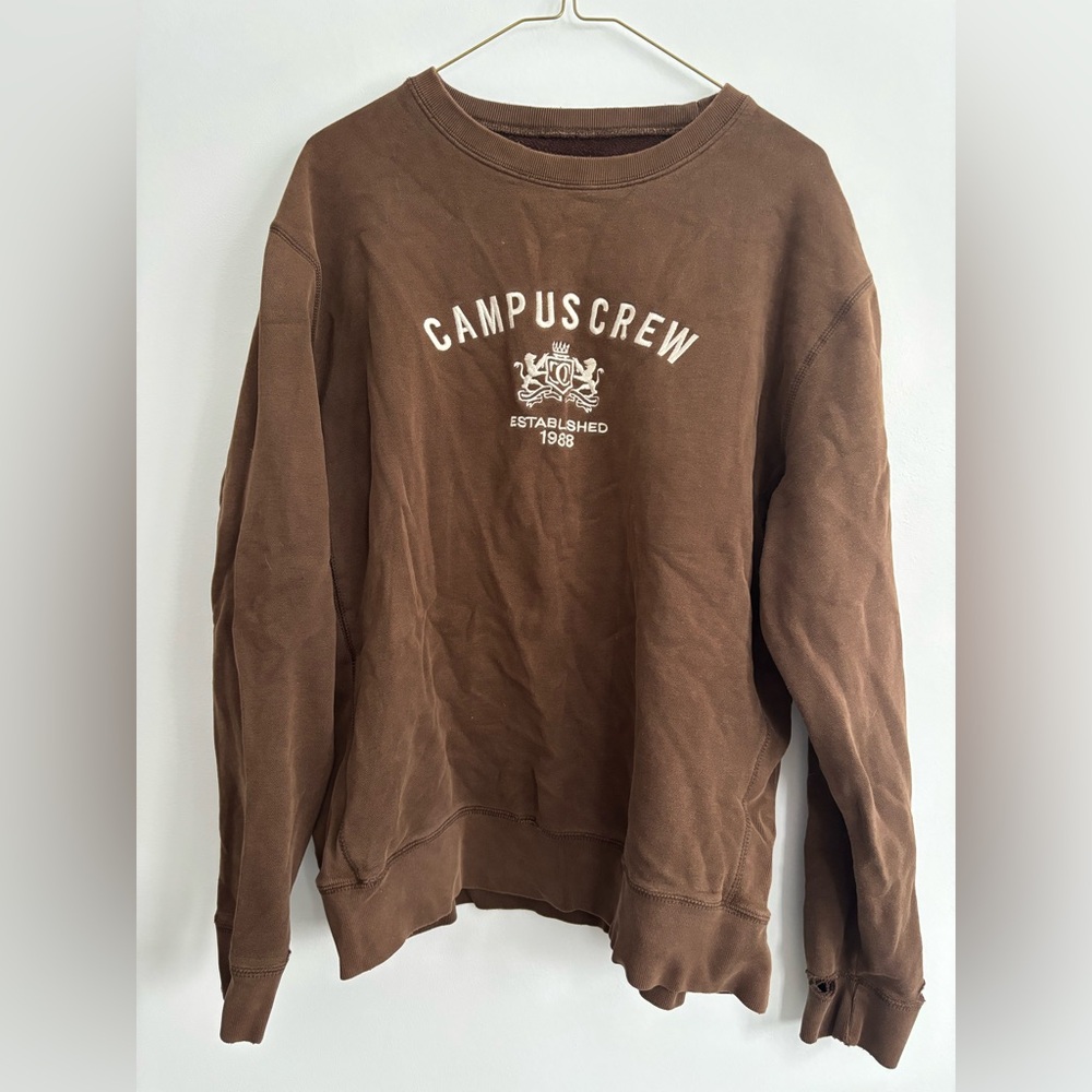 CAMPUS CREW Brown Long Sleeve Colton Crewneck Sweater Vintage Logo Size Large